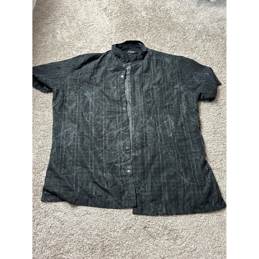 Van Heusen Air Mens XL Black Tropical Floral Mandarin Collar Button Down Shirt